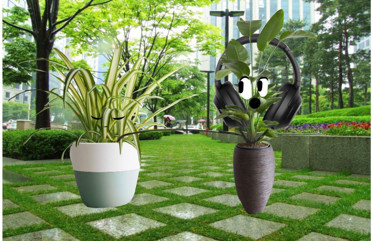Two plants in a park interacting. One plant has headphones and looks surprised while the other is sleeping.