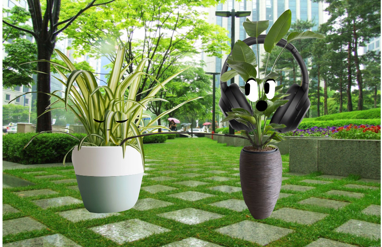 Two plants in a park interacting. One plant has headphones and looks surprised while the other is sleeping.