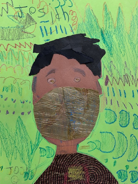 A portrait of a boy with a mask on in front of a green background with patterns.