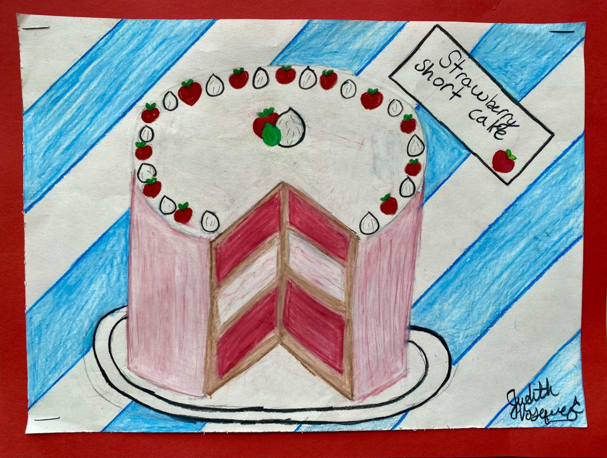 A drawing of a strawberry shortcake with pink frosting