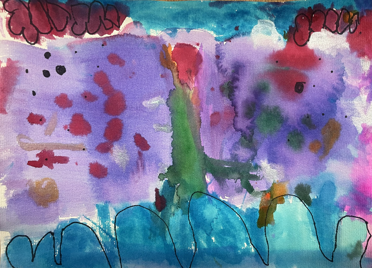 rose floats in blue and purple watercolor background