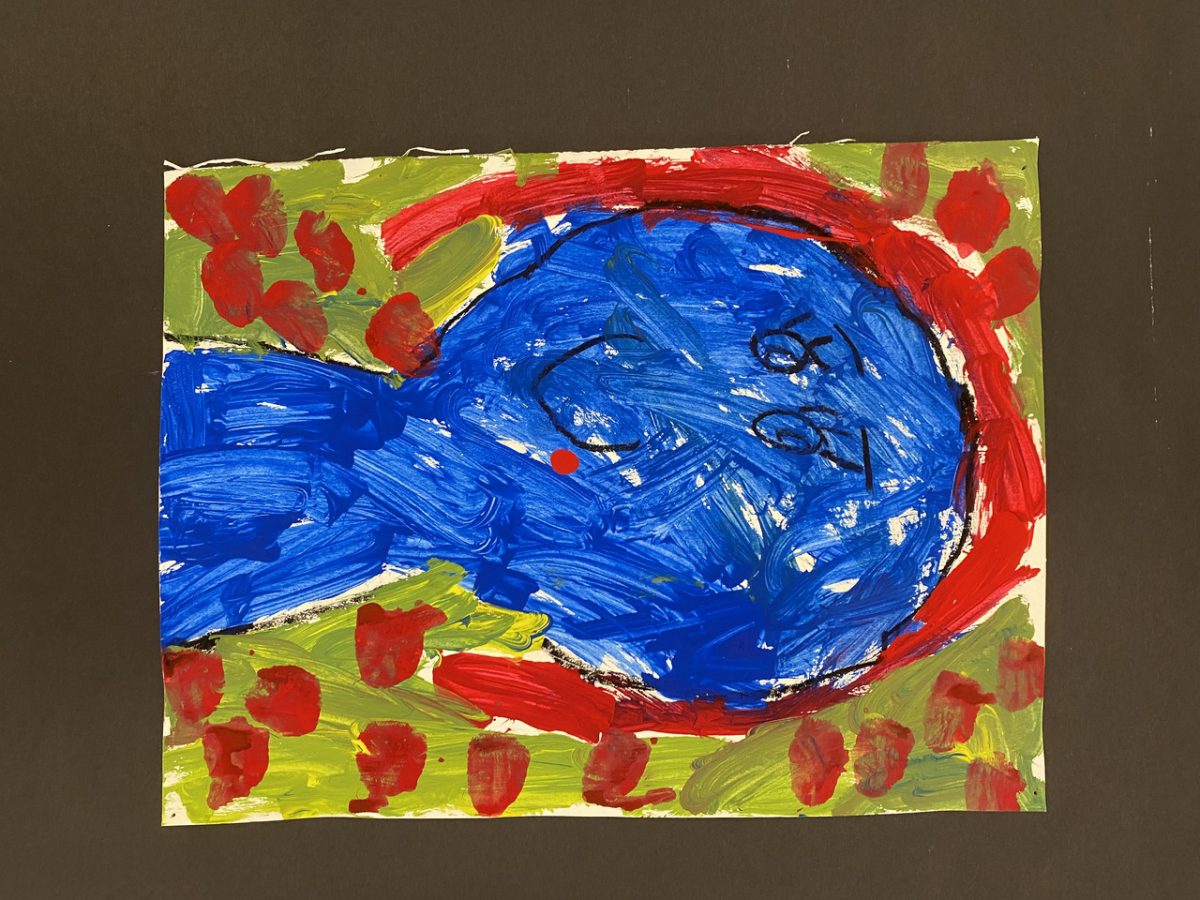 Image of blue face with green background and polka dots.