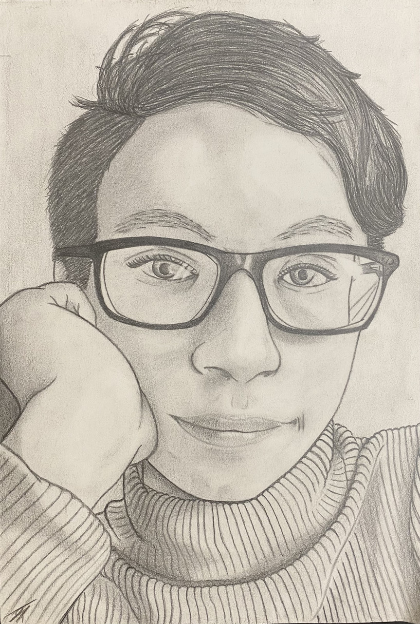 Graphite drawing of a boy with glasses resting his head on his hand