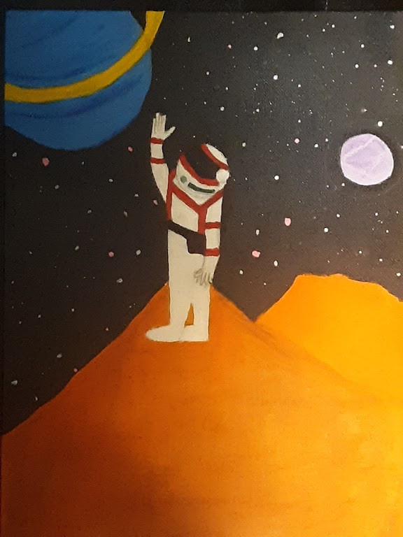 Painting of an astronaut standing on a yellow planet