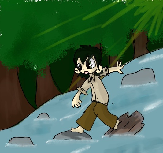 Digital drawing of a cartoon person crossing a river