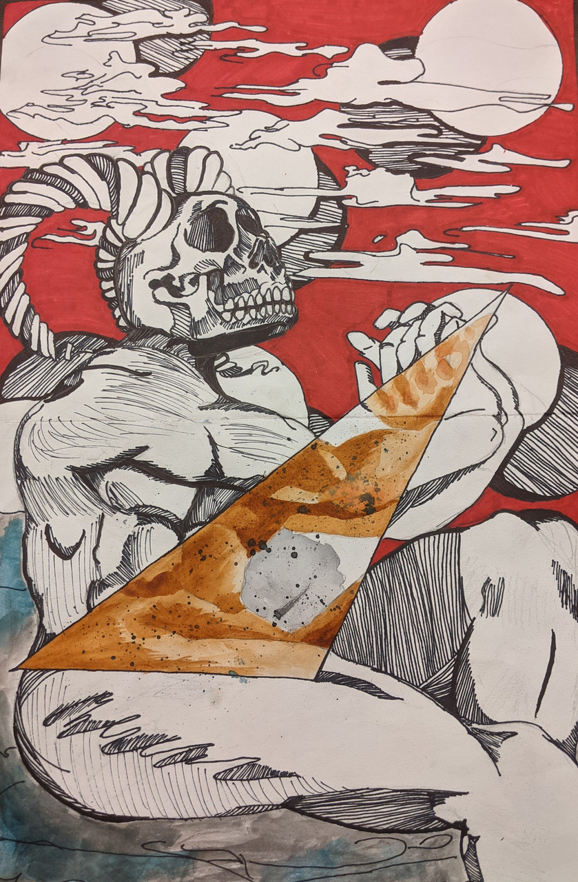 Abstract painting of a skull person with horns and a red background