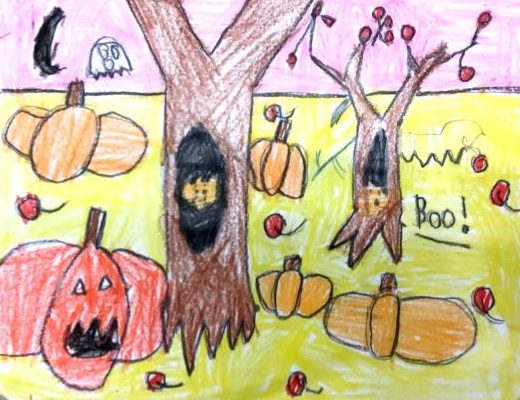 jack o lanterns and pumpkins in forest with purple sky