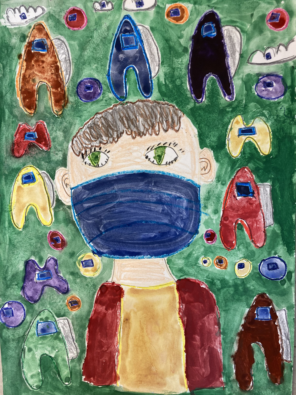 A painting of a boy wearing a mask surrounded by among us characters