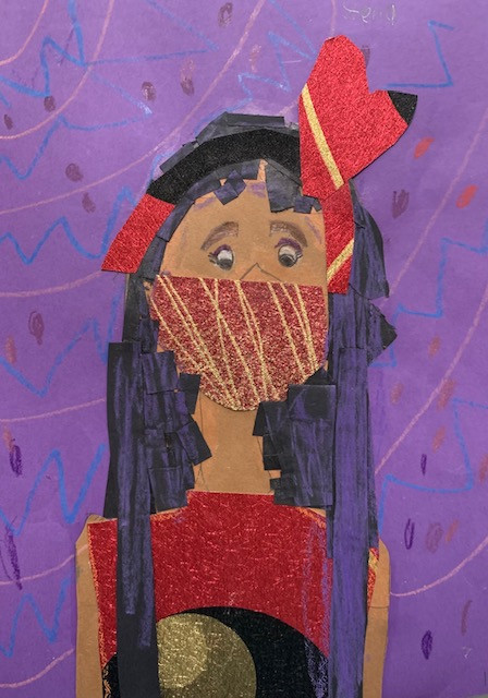 A picture of a girl wearing a red face mask and a red shirt against a purple background with patterns