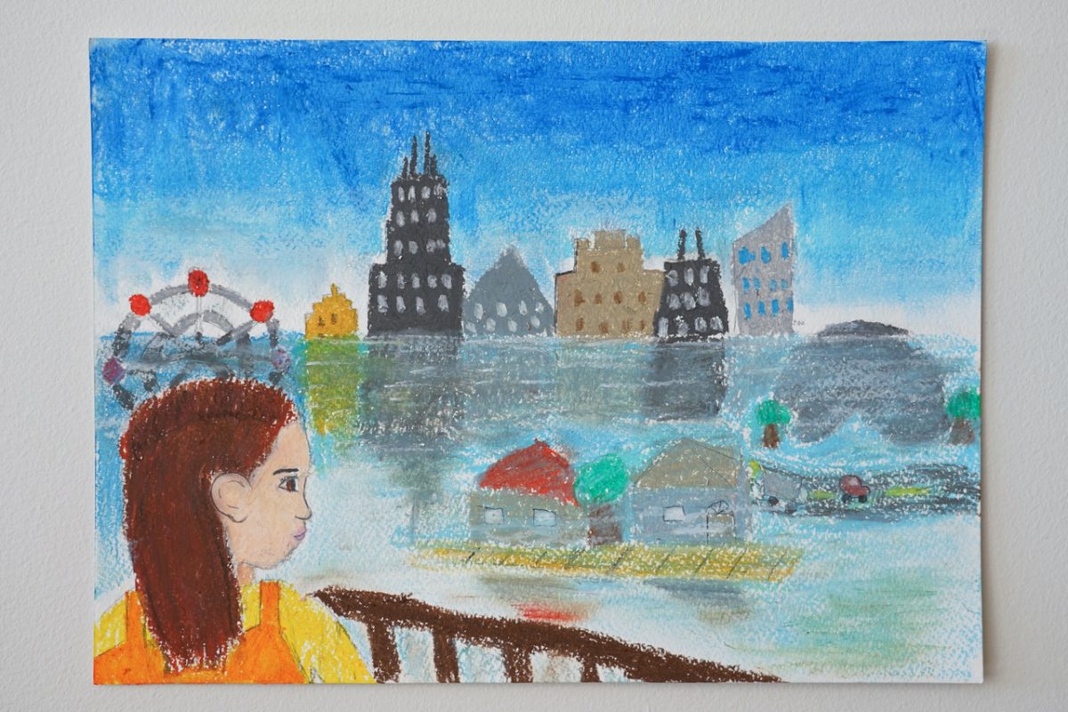 Figure standing in front of Chicago under water