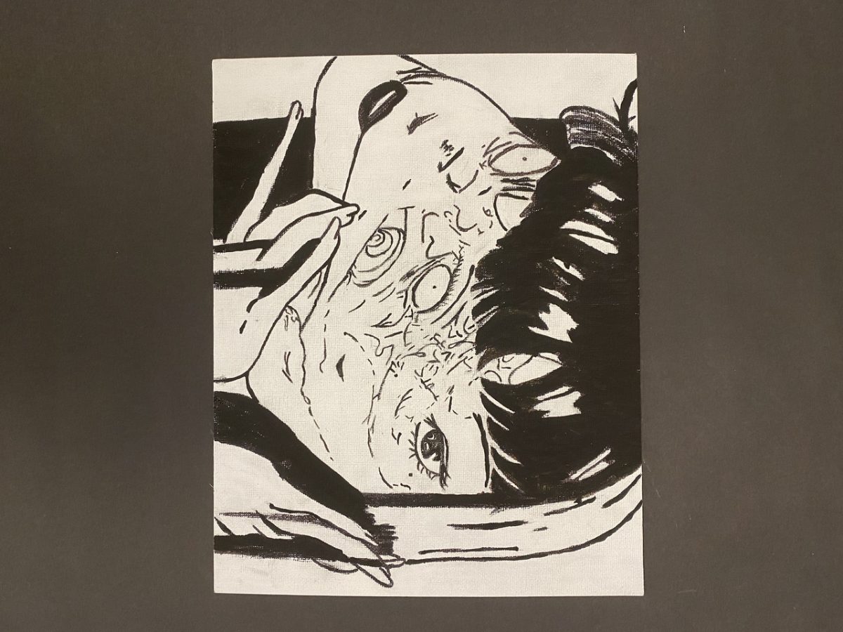 Black and white drawing of a face blending into another face.