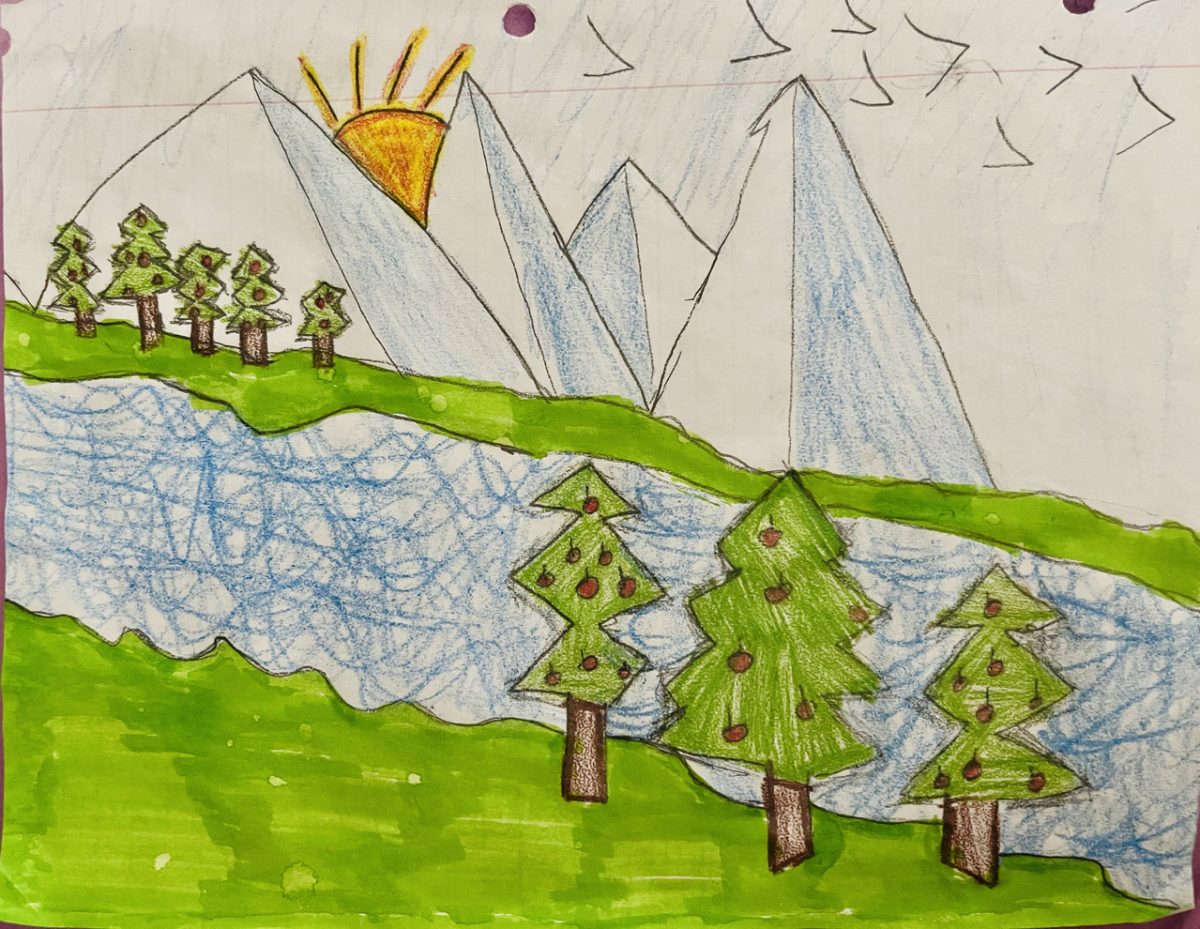 Drawing of a river, mountain, and trees