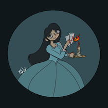 Girl in Blue dress holding candle, digital art