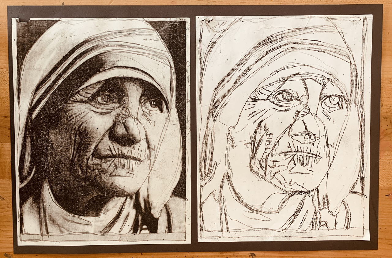 Drawing and pencil rubbing of Mother Theresa