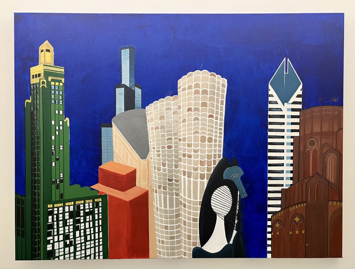 Painting of Chicago downtown buildings & the Picasso sculpture