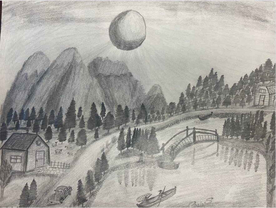 trees and a mountain border a river with a bridge crossing it a sun shines down on the scene made in pencil