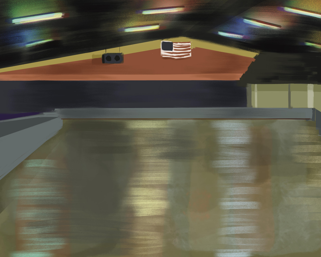 Empty ice skating rink with American flag & speaker