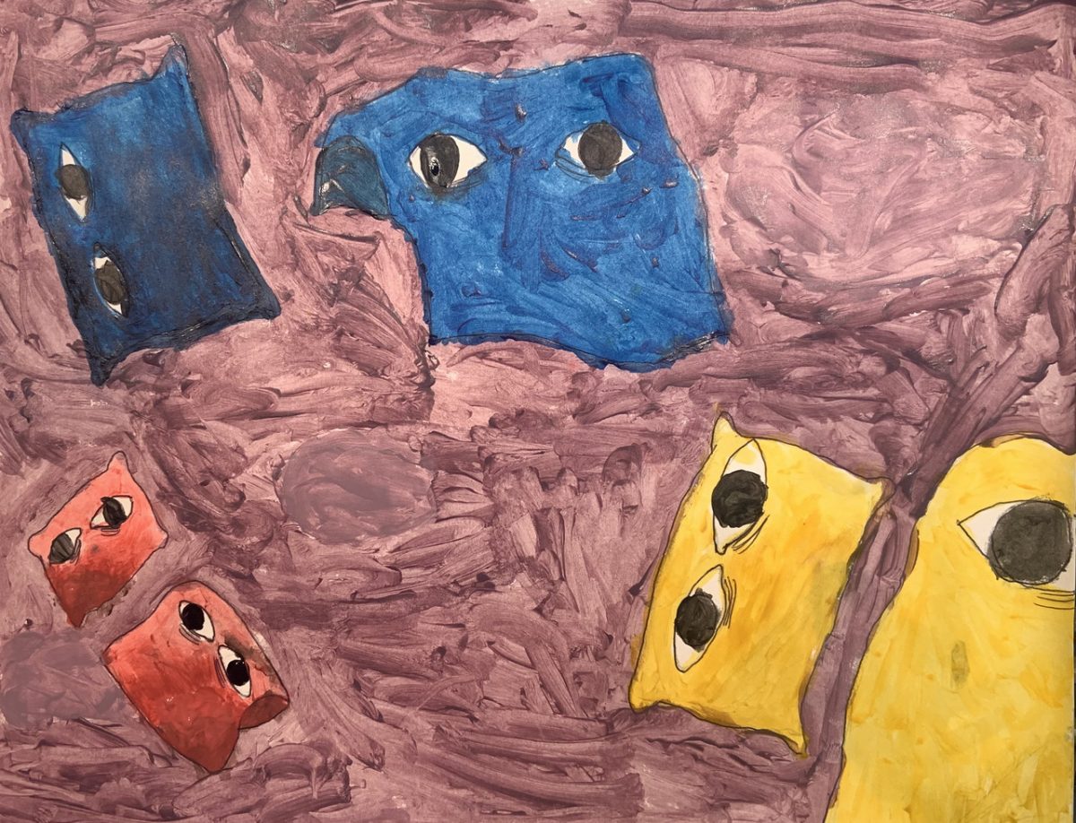 Painting with floating colorful squares with eyes