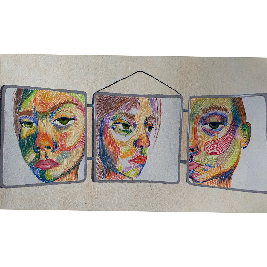 three portraits in colored pencil