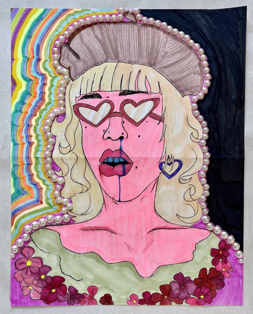 drawing of woman with pink skin and heart glasses, her nose bleeds blue