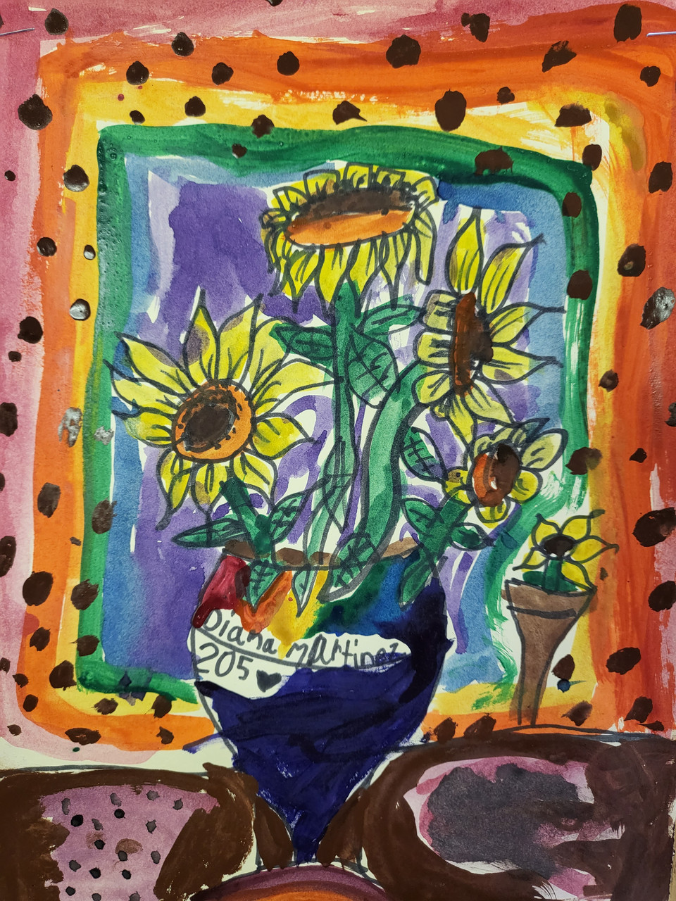 Painting of a flowerpot in front of an abstract background