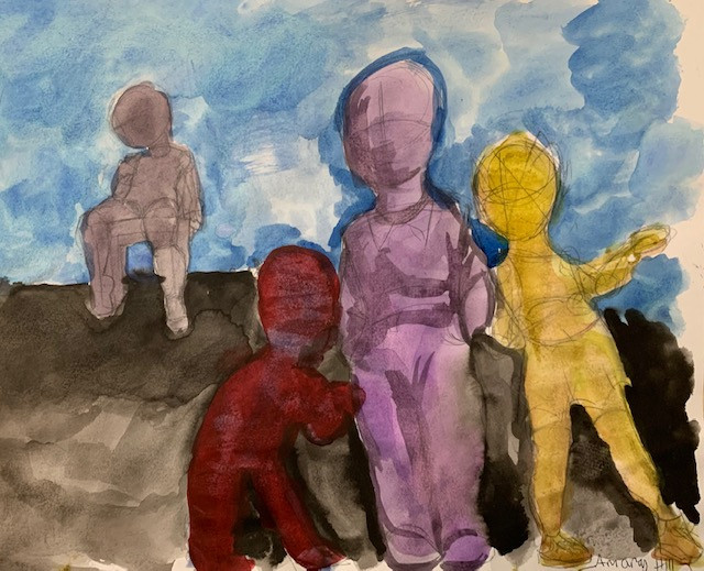 A painting with 4 figures - one in yellow, purple, red and grey with a blue sky