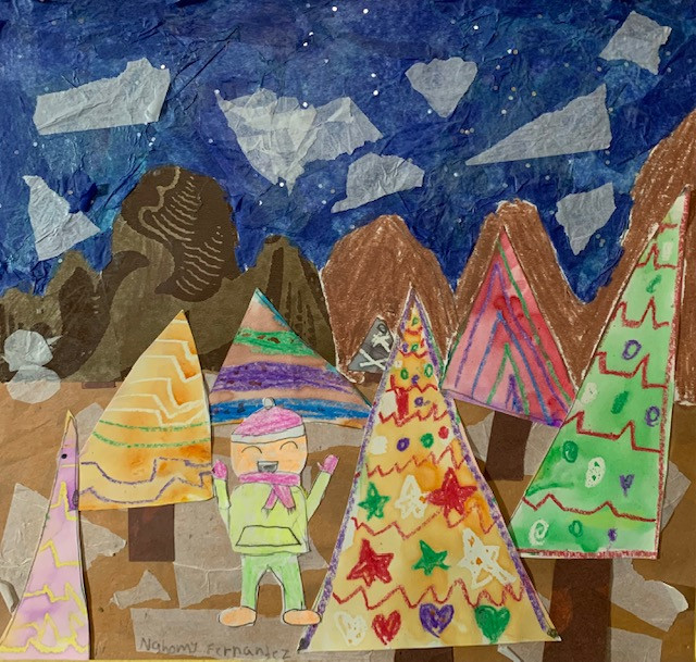 A collage of a person in a green sweater standing with colorful pine trees and a blue sky.