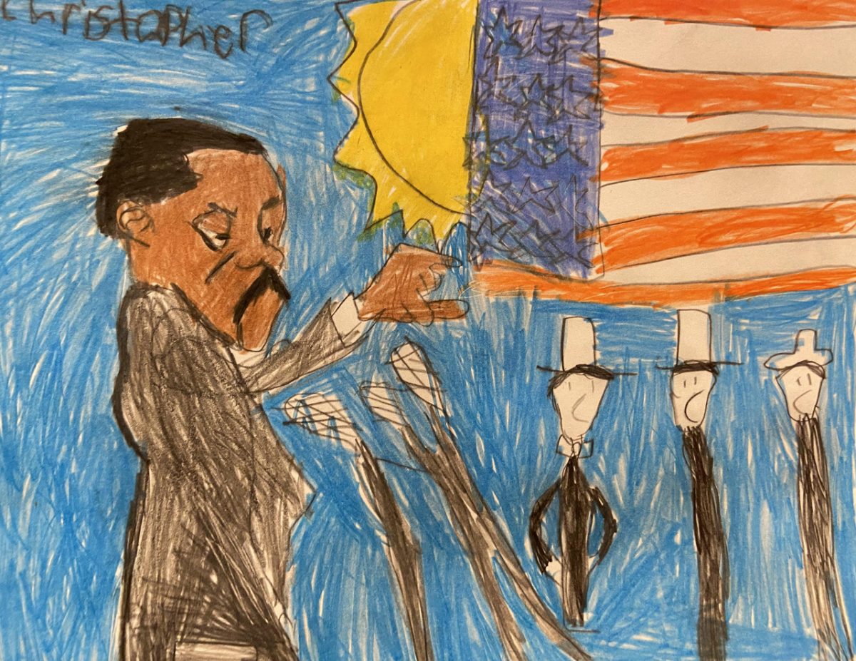 A drawing of Martin Luther King Jr giving a speach with an american flag