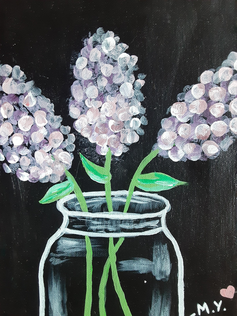 Painting of flowers in a clear jar on a black background.