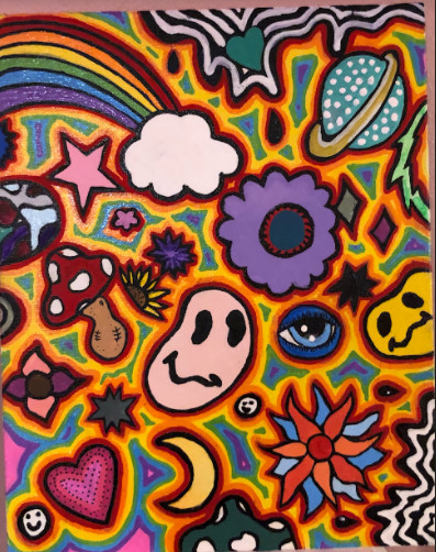 Bright marker drawing of emoji with flowers hearts and a rainbow