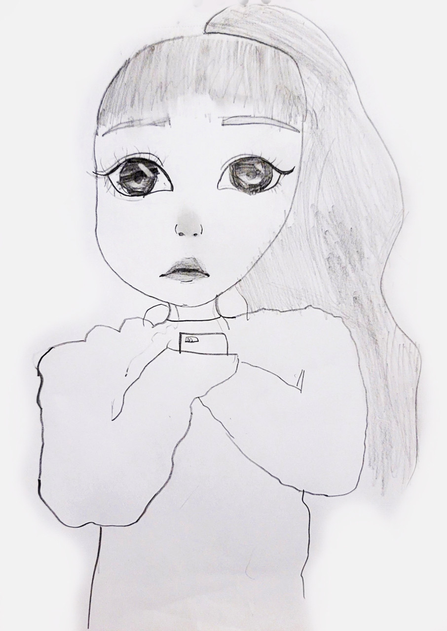 pencil drawing of girl holding phone close to her chest