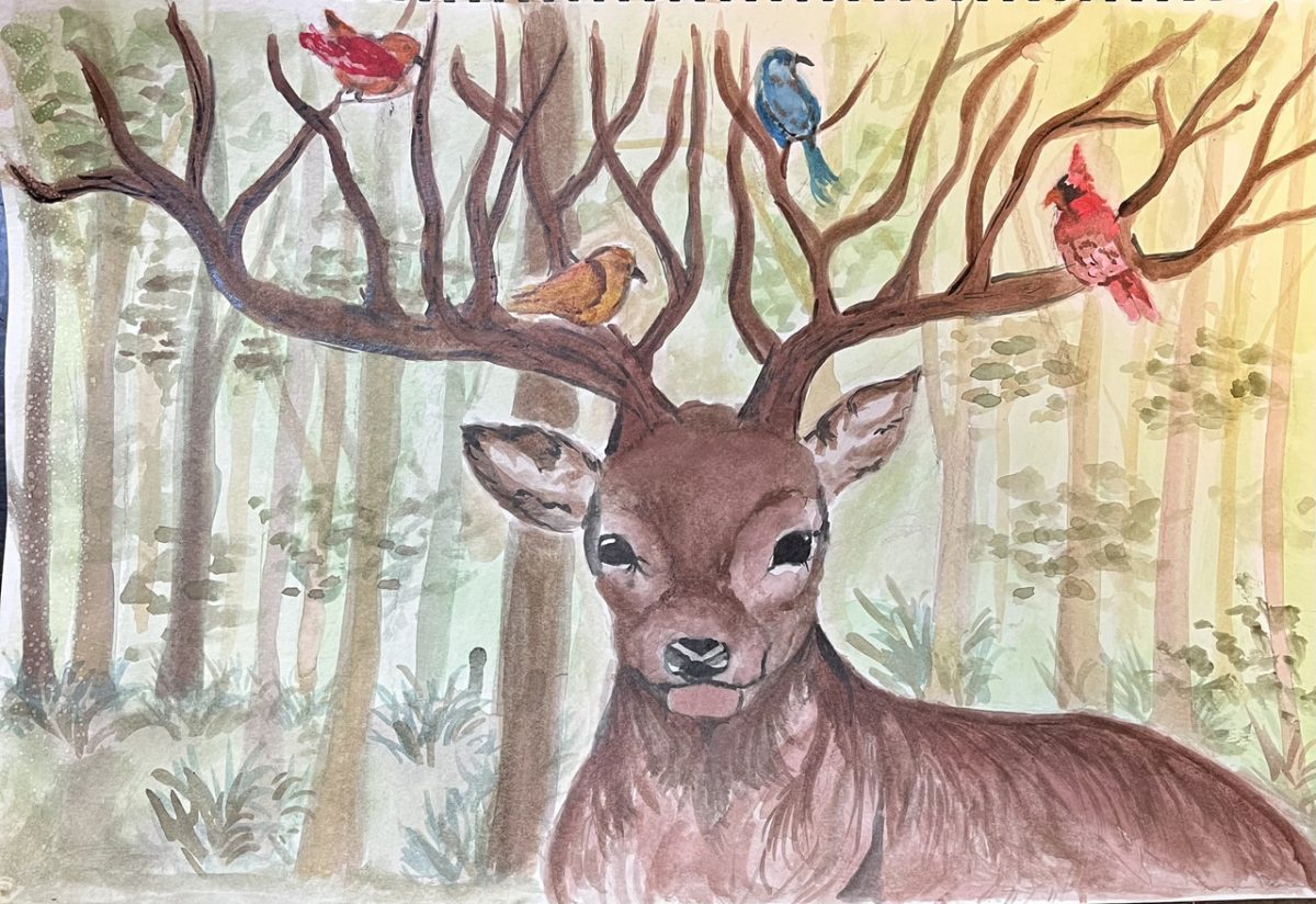 Watercolor of deer with birds in its antlers