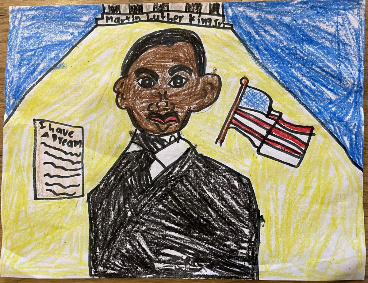martin luther king jr. on a yellow and blue background with a speech and flag