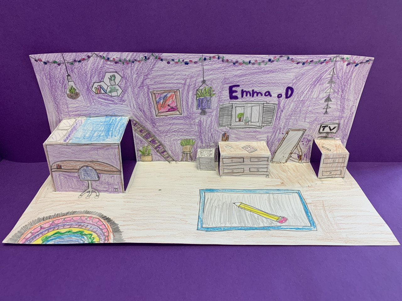 Pop up paper sculpture of a bedroom