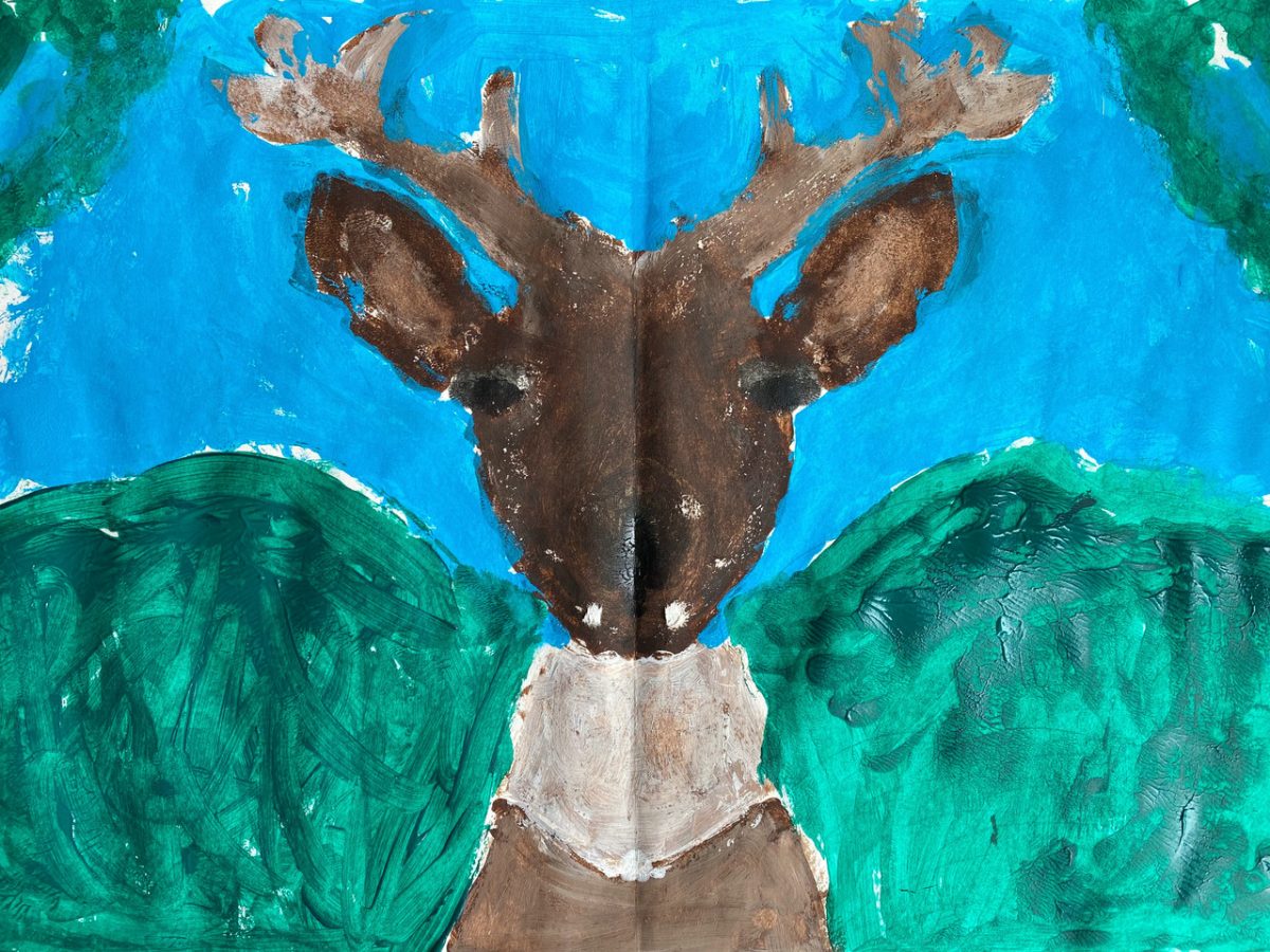 A painting of a deer in front of bushes and a blue sky