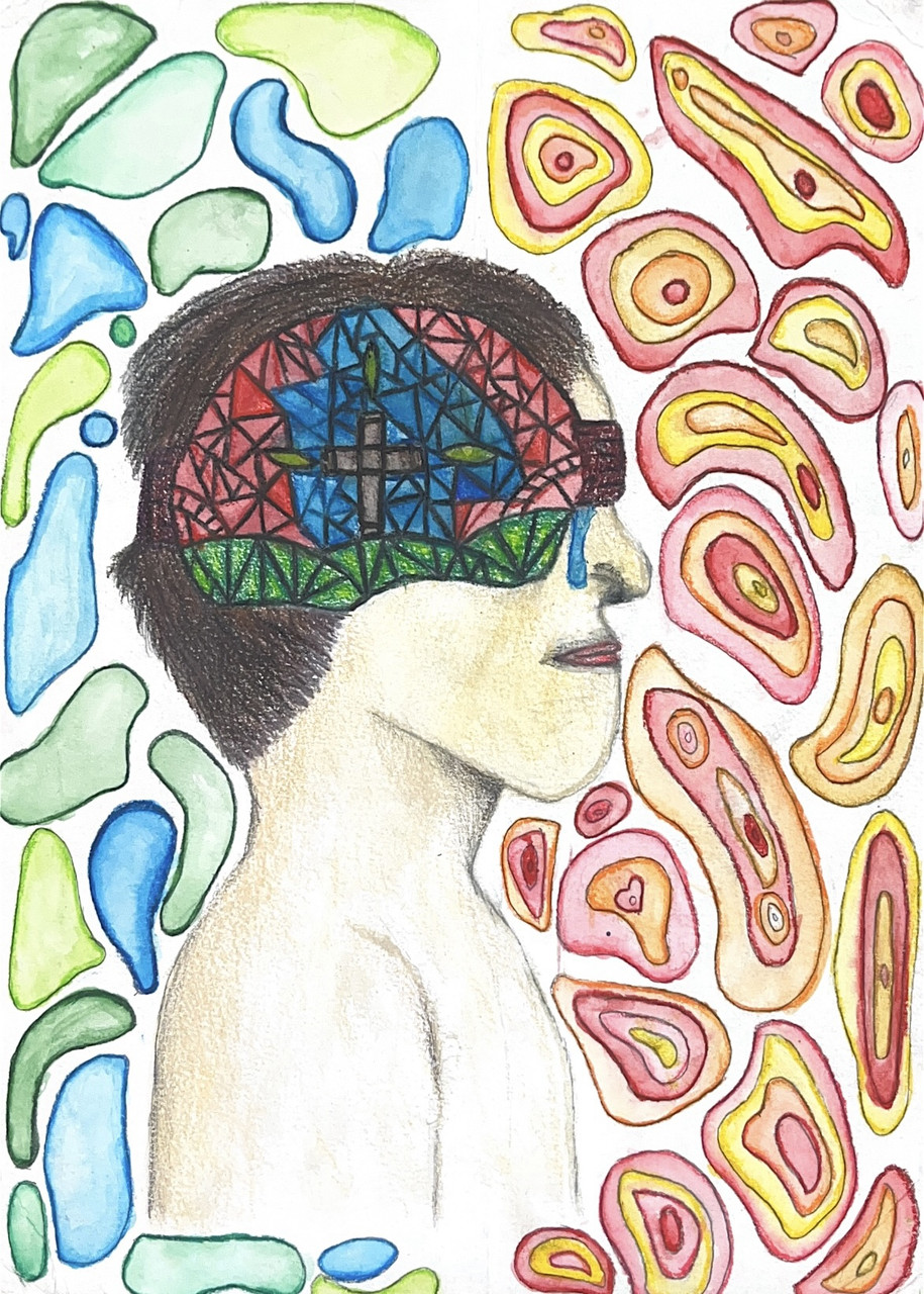 Drawing of a person in profile with cells in the background