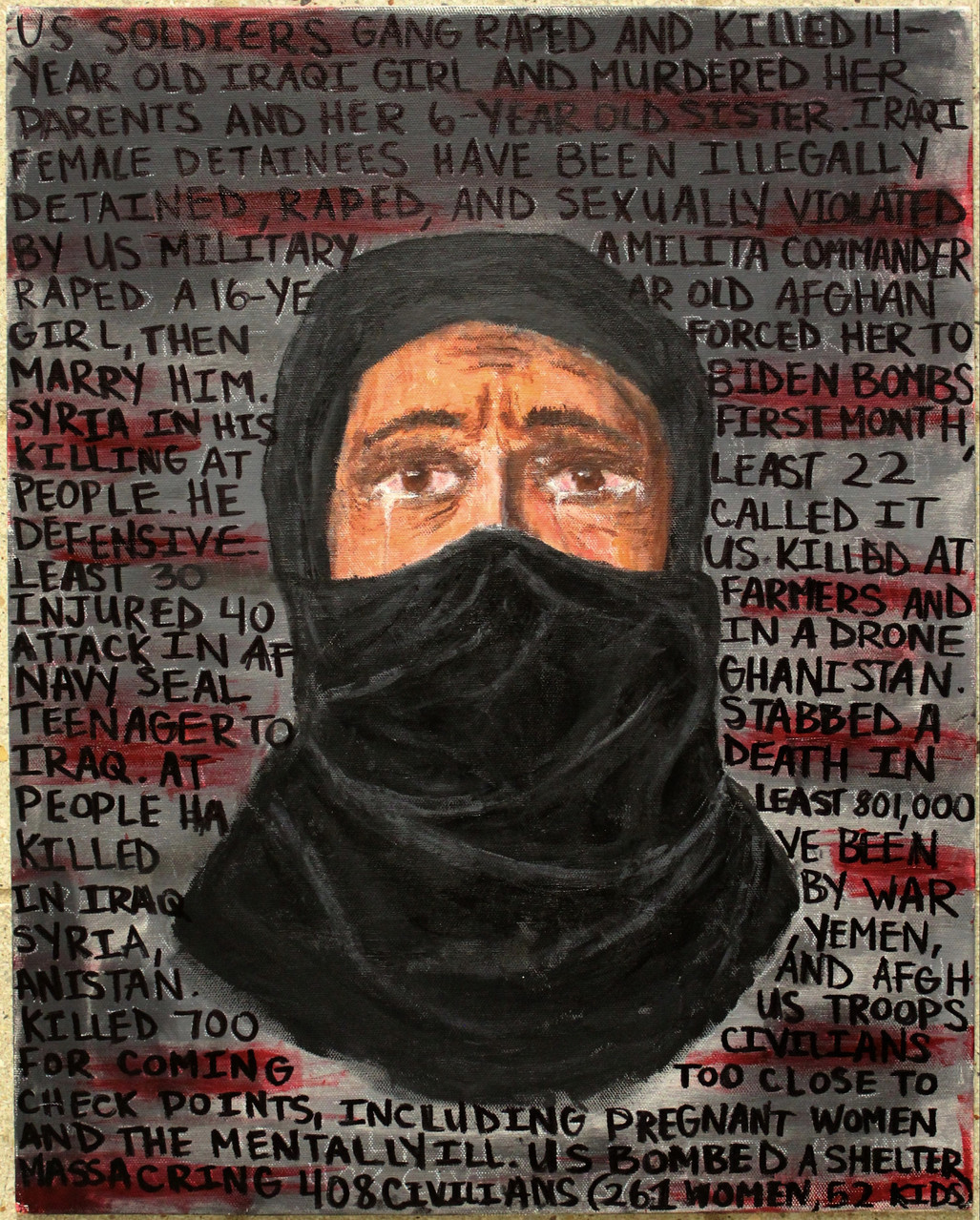 Painting of a woman in a hijab in front of words