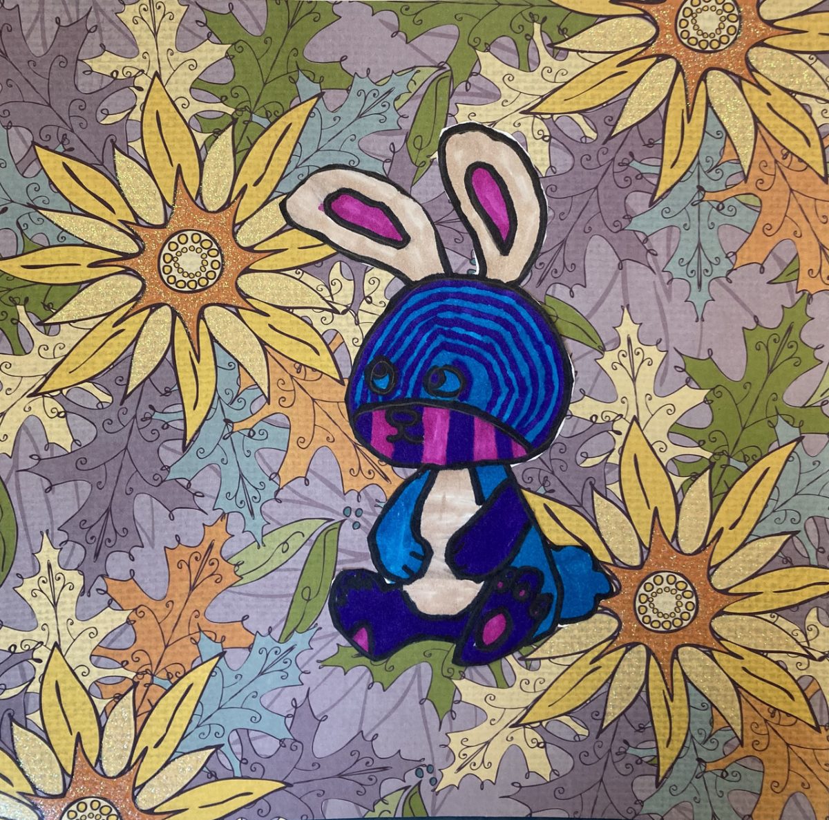 A drawing of an animal with bunny ears on a flowery background
