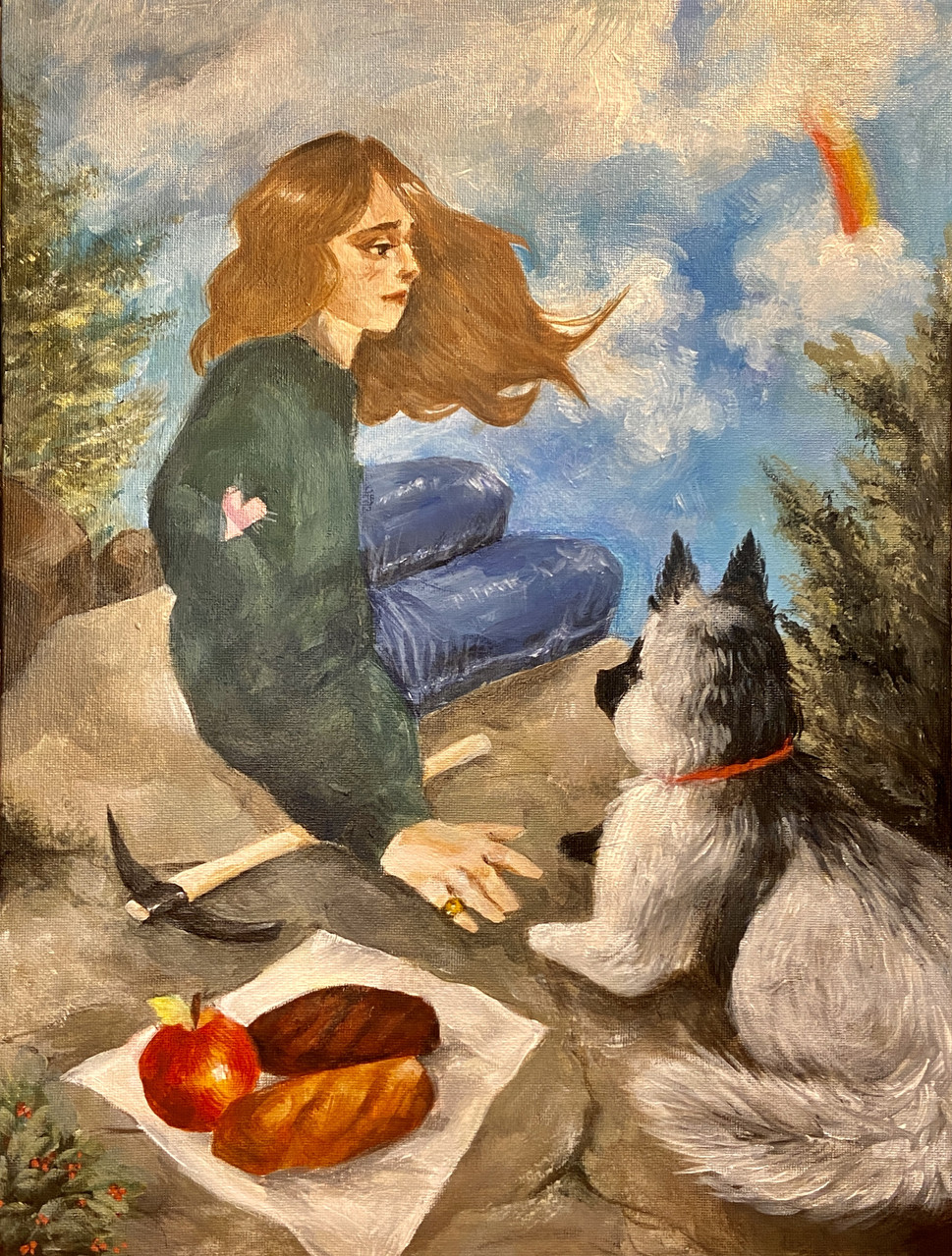 Painting of a girl having a picnic with her dog. A pickaxe is lying next to her.