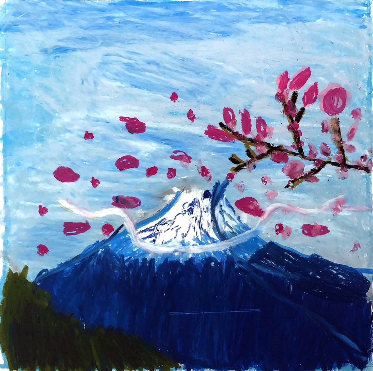 A painting of a mountain and blue sky and pink flowers on a branch