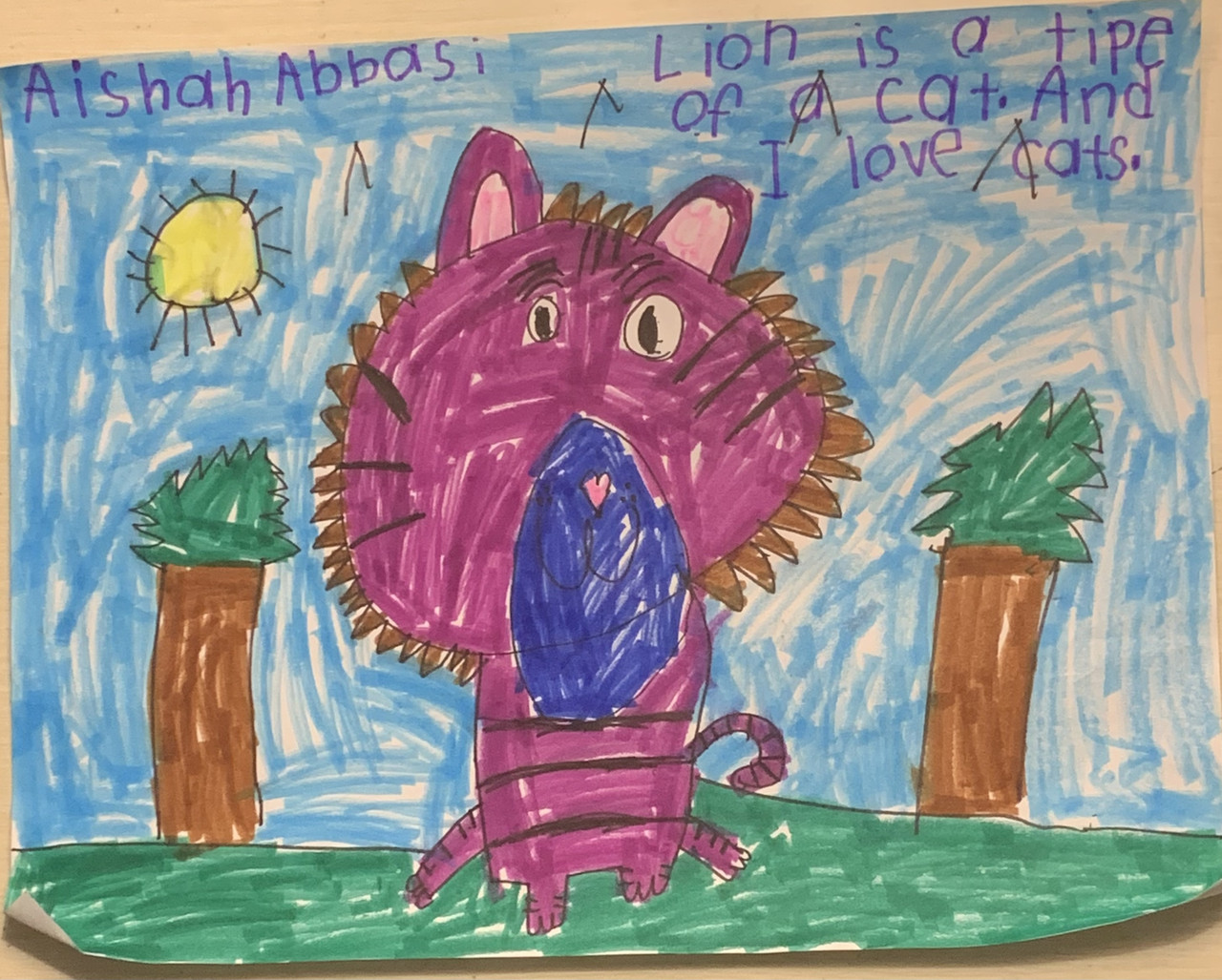 marker drawing of cats and trees with sun