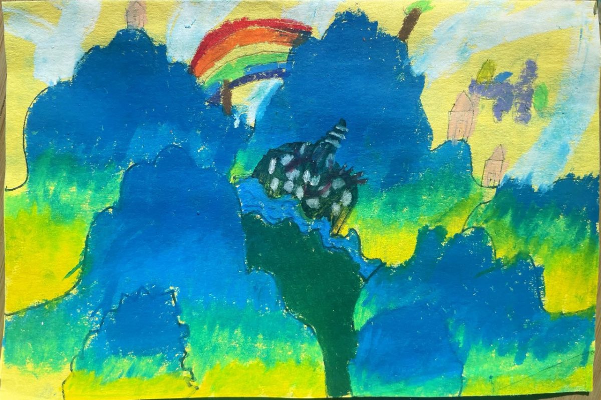 blue and green landscape with a rainbow and castle