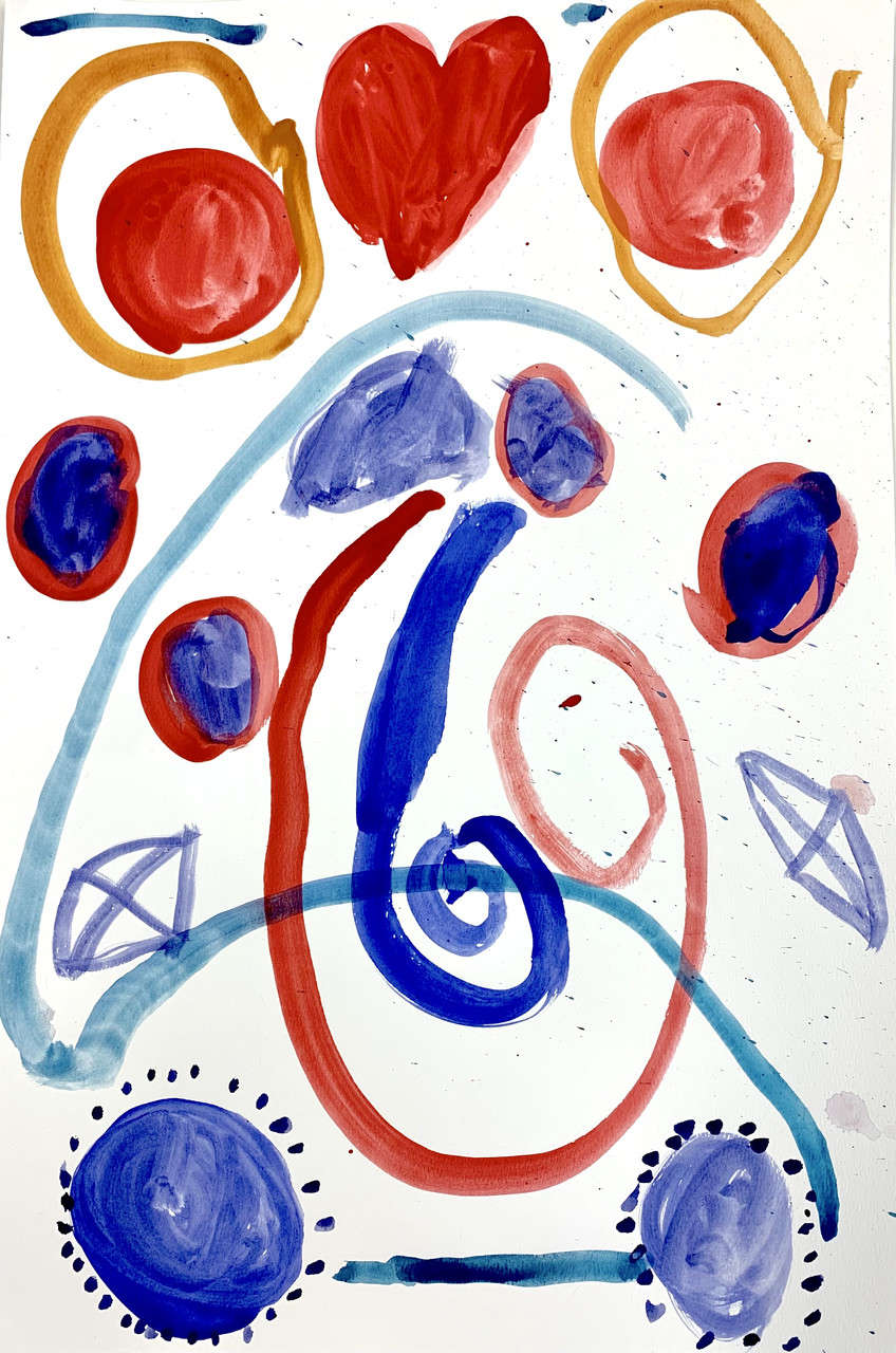 Abstract painting with red and blue shapes
