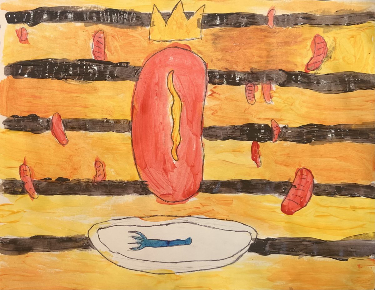 Yellow and black stripes with floating sausages.