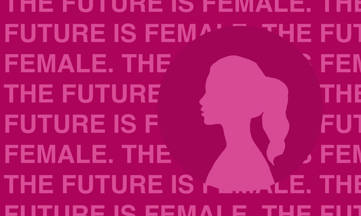 Pink digital design with a silhouette of a girl and "THE FUTURE IS FEMALE" repeating behind it.