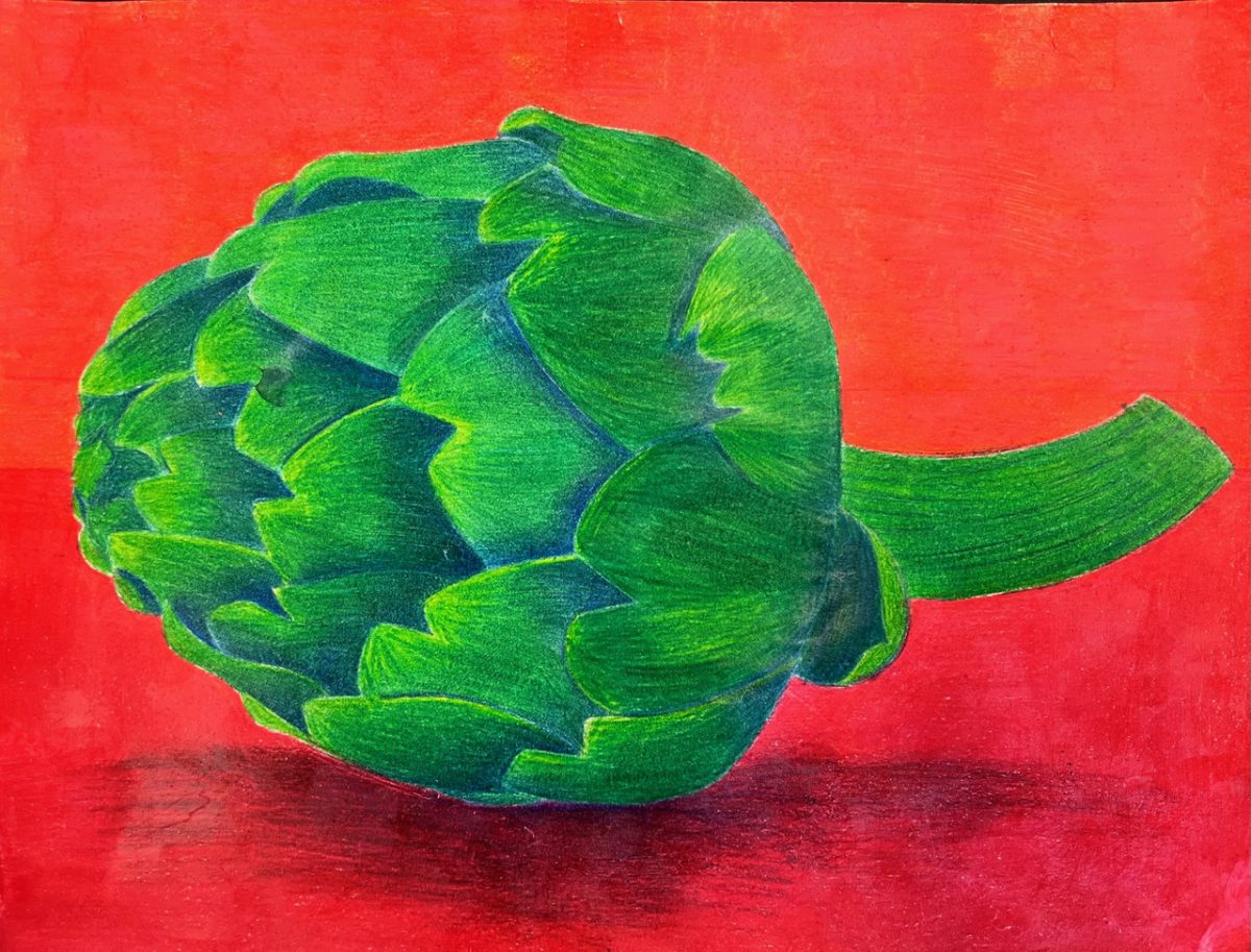 Pastel drawing of an artichoke on a red background