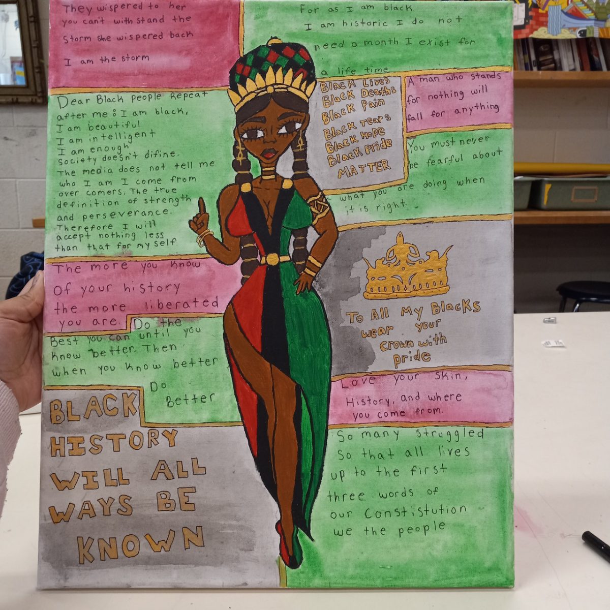 A black woman points to affirmative text. Piece says "Black History Will All Ways Be Known"