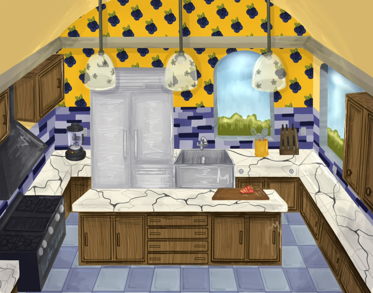 Digital drawing of a kitchen