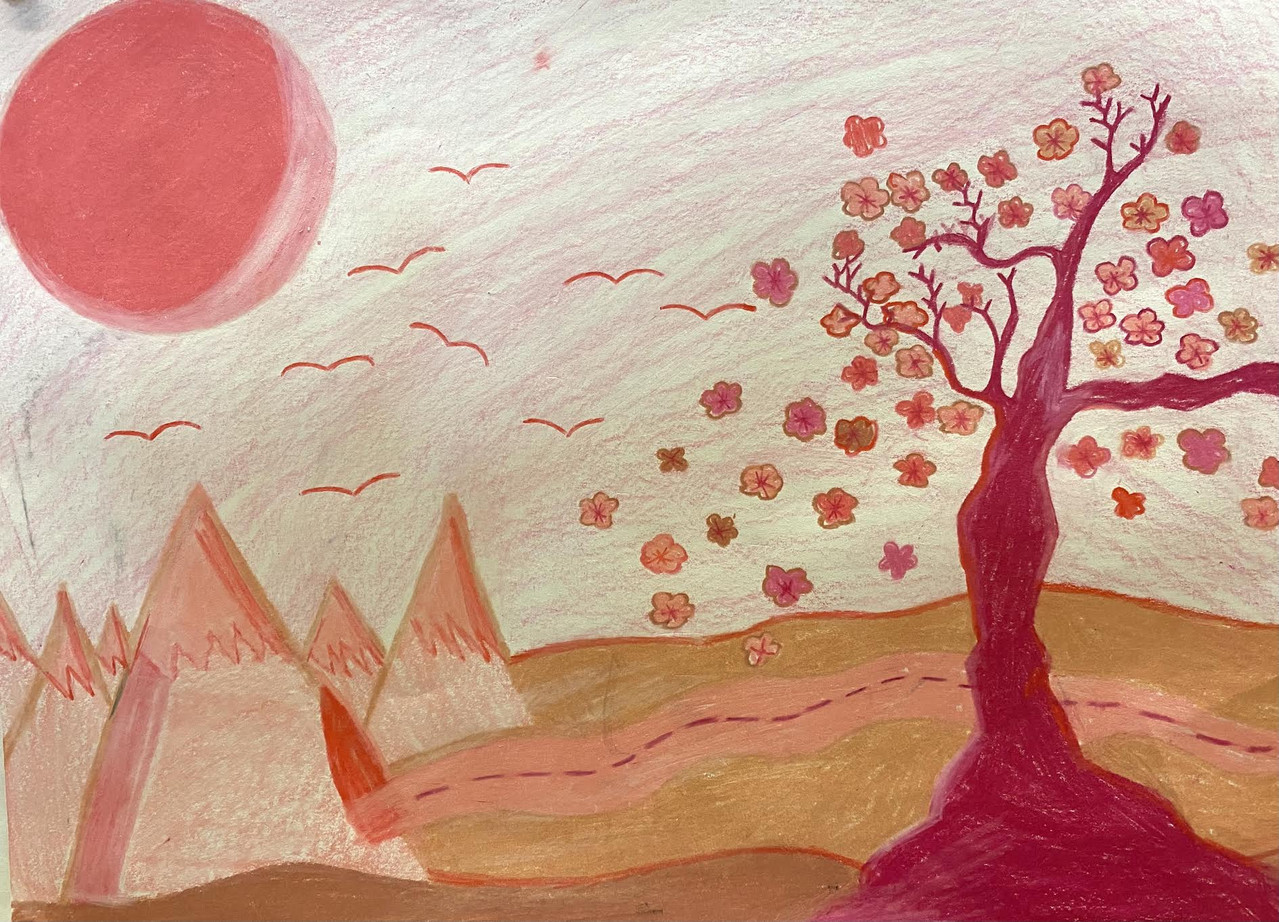 Landscape with tree and triangles in pinks and browns