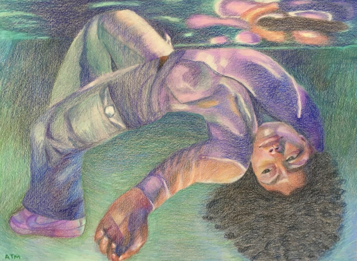 colored pencil drawing of a girl floating in water